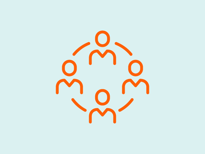An orange vector design of four people connected by a circle with a blue background.